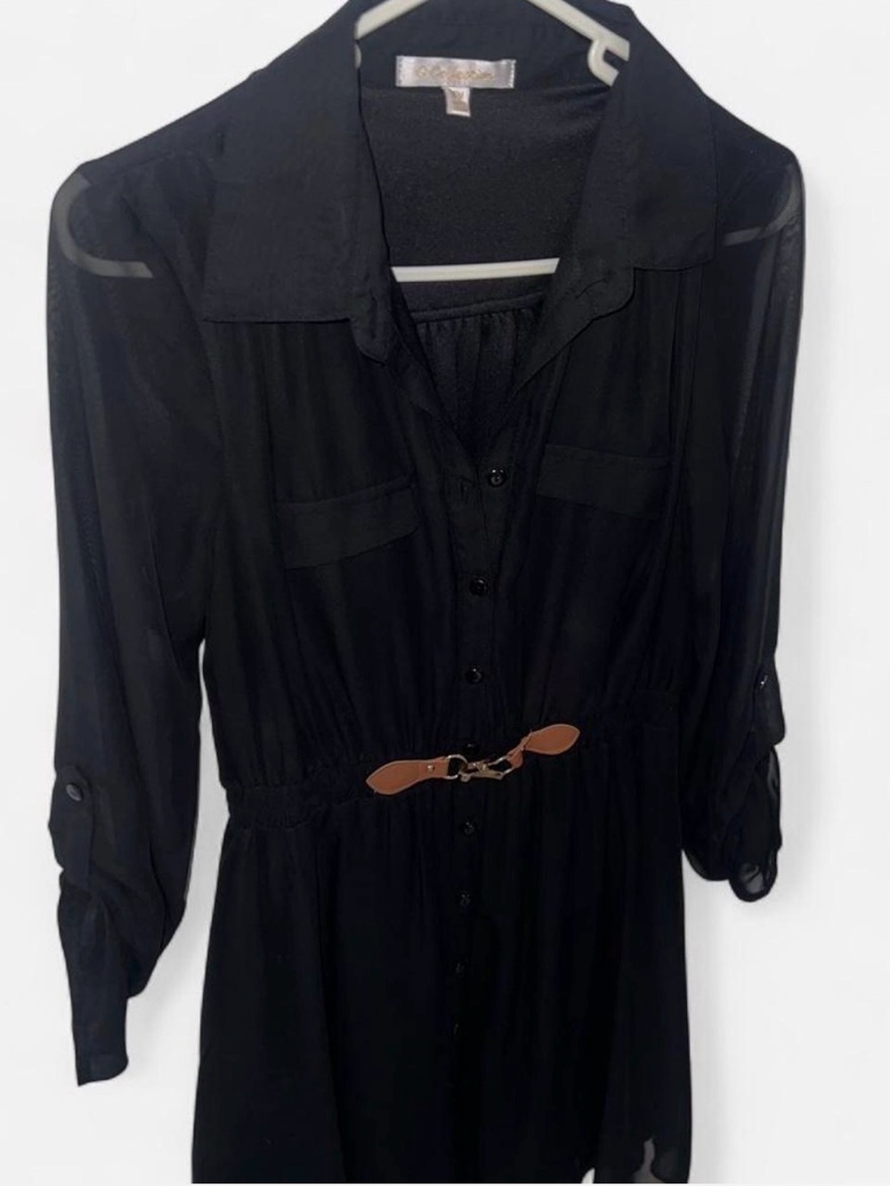 Black Long Sleeve Shirt Dress with Brown Belt G Collection PM